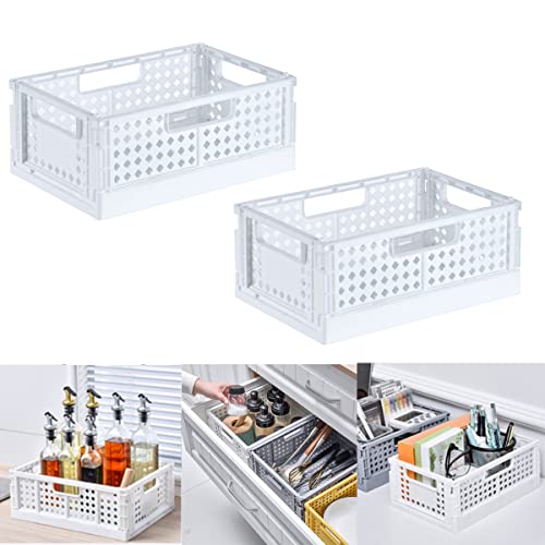 Lot de 2 paniers de rangement de cuisine pliables en plastique durables empilables fruits légumes panier à provisions boîte organisateur boîtes de rangement multifonctions（Blanc）