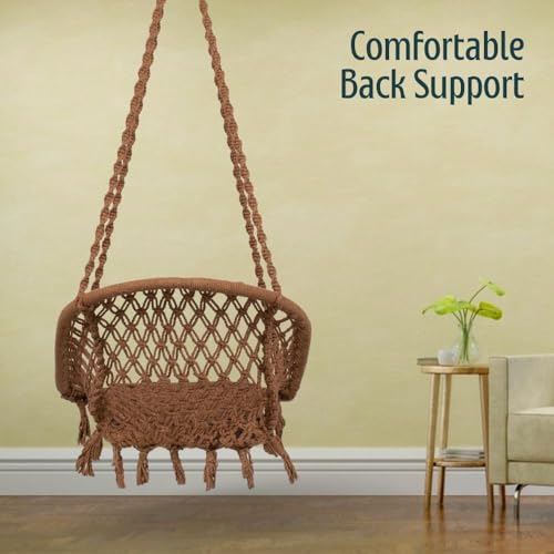 Image of Swingzy Premium Cotton D-Shape Hanging Swing Chair for Home, Balcony & Garden | Indoor & Outdoor Hammock for Kids & Adults | Stylish Brown Net Design with Comfortable Seating (64 x 61 x 152 cm,Brown)