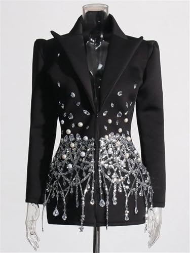 Women Patchwork Rhinestones Blazer Female Lapel Long Sleeve High Waist Spliced Sequins Blazer3