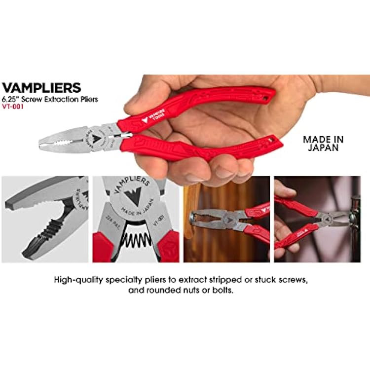 VAMPLIERS 6.25 Screw Extraction Pliers with Unique Non-Slip Jaws + Tool Pouch + Vampire Tools Cap. Effeciently extracts any damaged or rusted screws/fasteners. Made in Japan