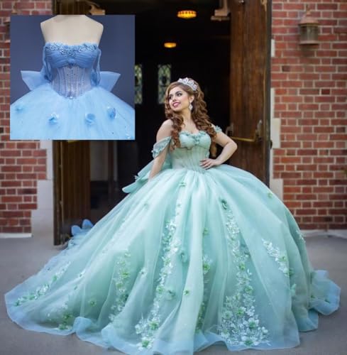 Glitter 3D Flower Quinceanera Dresses Puffy Tulle Beaded Sweet 16 Dresses Lace Applique Quince Dress2
