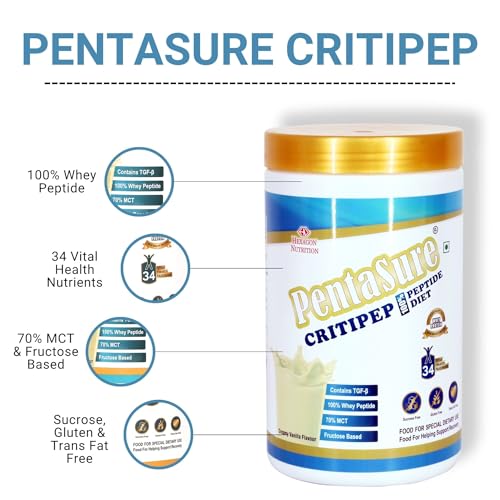 Image of PentaSure Critipep Peptide Diet Powder | Creamy Vanilla Flavor - 1Kg | 100% Whey Peptide, MCT, Fructose Based Nutritional Supplement Drink | 34 Vital Nutrients | 20g Protein per 100g