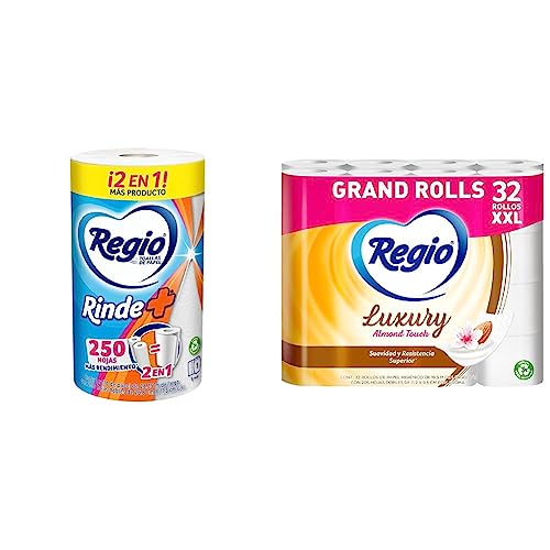 Regio Rinde+ Toallas de papel, 250 hojas dobles, 1 rollo + Papel Higiénico Luxury Almond Touch; Ligero Aroma A Almendras Y Hojas Dobles; Marca...