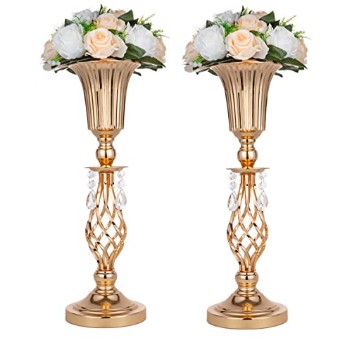 Set of 2 Tall Metal Wedding Centerpieces for Reception Tables, Gold Flower Vase Stand, Base Decortion for Party, Events, Birthday, Celebration Ceremonies (Gold, 20in)