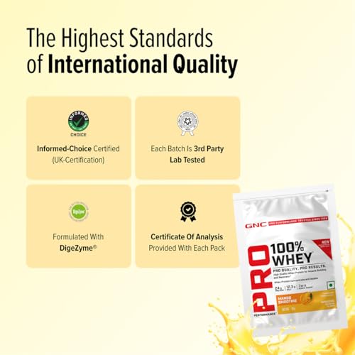 Image of GNC Pro Performance 100% Whey Protein | New Formulation | 24g Protein, 5.7g BCAAs, 12.3g EAAs | Added DigeZyme | Whey Isolate & Concentrate Blend, Low Carb (4.51g), No Added Sugar | Mango35g