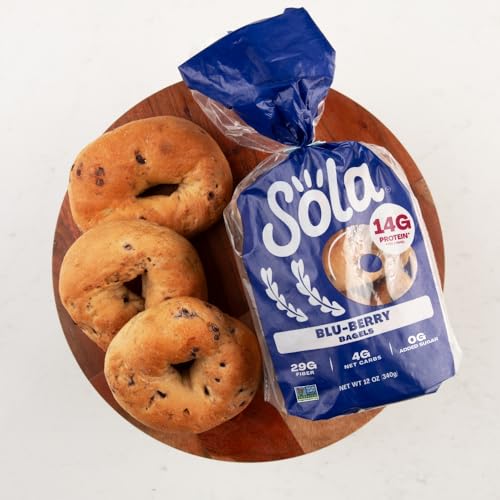 SOLA Low Carb & Keto Friendly Bagels, Blu-berry - 5g Net Carbs & 15g of Protein, No Added Sugar, Plant based, Low Calorie Bagels - 12 oz (4 Bagels/Pack) (Pack of 3)