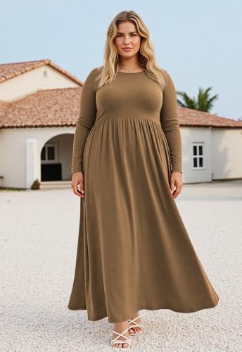 Image of Nemidor Plus Size Maxi Dress for Curvy Women Fall Casual Loose Long Sleeve Dresses with Pocket 14-26