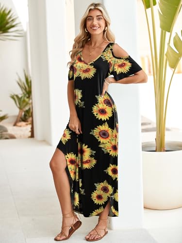 Image of BELAROI Womens Cold Shoulder Maxi Dress Plus Size V Neck Summer Sundresses with Pockets Beach Coverup Vacation Outfits