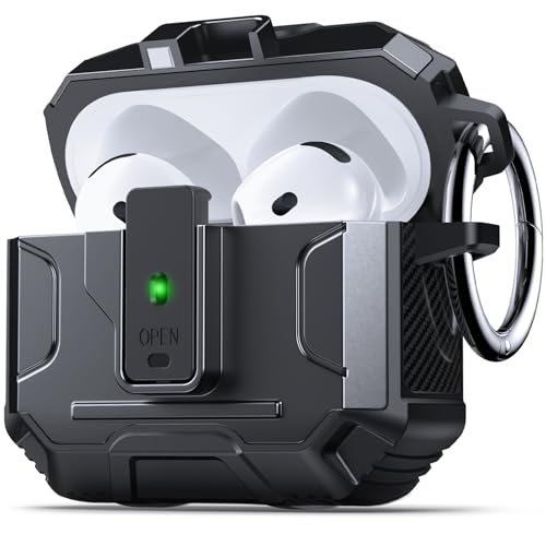 DASFOND Armor Earphone Cover Case for AirPods 4 Generation, Military Grade Full Body Shockproof Protection Hard Case, Support Wireless Charging with Keychain, Magnetic Lid, Front LED Visible, Black