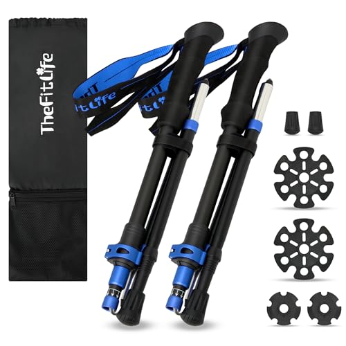 TheFitLife トレッキングポール 折畳み 登山 ストック 軽量 100-120cm伸縮 ウォーキングポール ウォーキングステッキ 2本セット 登山杖 登山ポール 山登り ステッキ ハイキングポール 男性 女性 高齢者 (青色)の商品画像（Amazon）