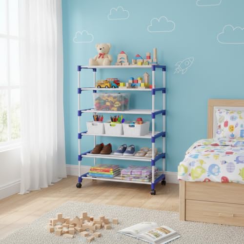 Image of CIPLA PLAST Shoe Rack for Home | Floor Standing Shoes Shelf | 6 Layer Plastic Foldable Shoe Stand, Shoe Organiser for Home & Office White and Blue, Portable Storage Organizer
