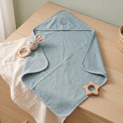 Image of Hooded Baby Towels for Boys (0-1.5 Years) | 70x70 cm | Soft Terry Cotton Wrap | Blue Hooded Towels for Newborn & Infant Bath, Pool, Beach Gift