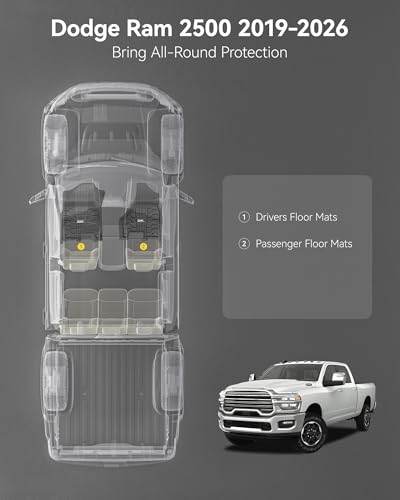 Image of 3W Floor Mats for 2019-2025 2026 Dodge Ram 2500 /3500 Crew Cab, All Weather TPE Custom Fit Dodge Ram 2500 /3500 Floor Liners 1st Row (for Carpet Floor), Front Row,2-pc Black