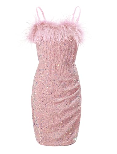 EXARUS Vestido ajustado de terciopelo con lentejuelas y tirantes delgados para niñas, empalme, peludo fruncido, brillante, fiesta, baile, ocasión especial, Rosado, 14 años