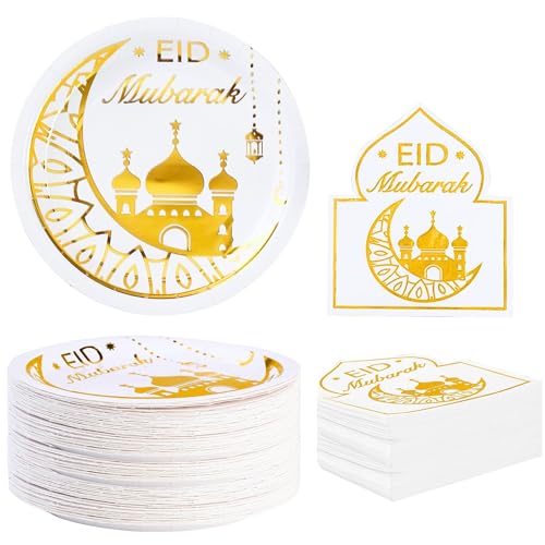 Winoo Design 100PCS Eid Mubarak Plates and Napkins Set - Serves 50 PK - Bluk Ramadan Eid Mubarak for Eid Mubarak Decorations Party Supplies Ramadan Plates and Napkin White and Gold