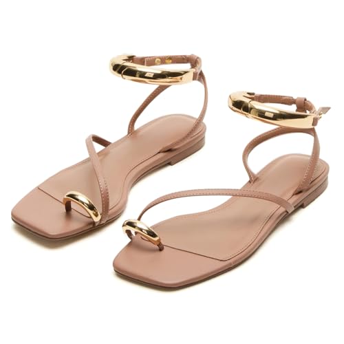 Image of Yishaweiqi Metal Ankle Strap Flat Sandals for Women Toe Ring Strappy Slip On Sandals Open Square Toe Beach Sandals