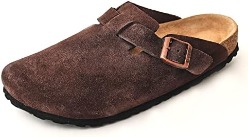 KLUKGE Boston Clogs for Men, Women‘s Suede Soft Leather Clogs Adjustable Buckle Cork Non-Slip Slippers Home Sandals Unisex Shoes(Dark Brown UK 10.5)