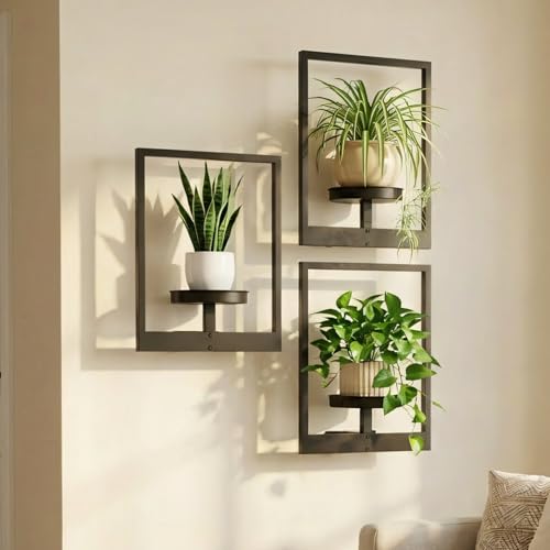 bbteroiu Picture Frame Wall Planters Set of 3 Modern Metal Hanging Shelves for Plants Rustproof Wall Mount Flower Pot Holder for Indoor Outdoor Decorative Plant Stand for Living Room Patio Black