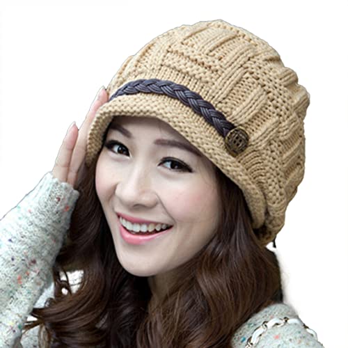 Roll Up Women's Girls Cute Winter Cozy Fur Earflap Knitted Wool Button Braided Strap Ski Cap Beret Newsboy Beanie Hat Visor (Tan)