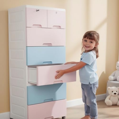 Image of The Tickle Toe Plastic Chest of 7 Drawers for Kids | Multipurpose Organizer with 2 Locks | Glossy Dresser for Clothes & Toys | Portable Cabinet | L51xW33xH121 cm | 5 Pink & 2 Blue Drawers