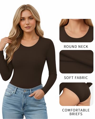 Image of MANGOPOP Women's Scoop Neck Long Sleeve Stretchy Basic Bodysuit Jumpsuits