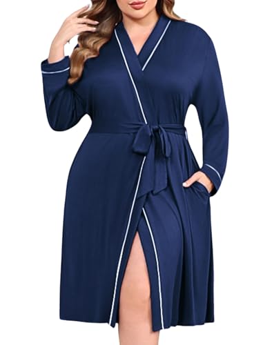 Image of Ekouaer Plus Size Robes for Women Soft Bathrobe V Neck Soft Maternity Robe