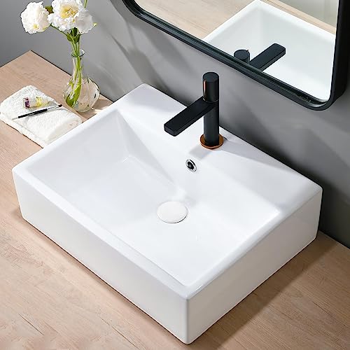 Vapsint Rectangular Vessel Sink,21"X16" Rectangle White Procelain Ceramic Above Counter Bathroom Sink Wall Mount Vanity Lavatory Bath Art Basin Sinks With Single Faucet Hole #TOP4
