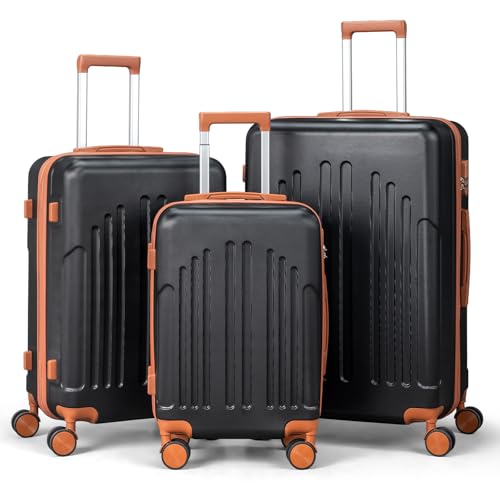 LEADZM Set de 3 Valises de Voyage, Valise Grande Taille & Cabine, Valise Soute Ridide en ABS, Bagages Cabine avec roulettes Pivotantes 360° et Cadenas (Noir-Brun)