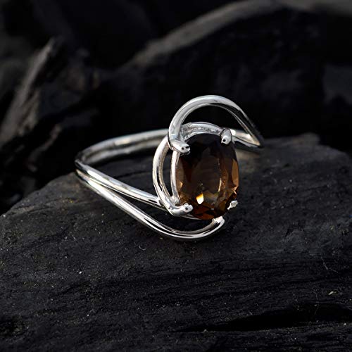 Image of Genuine Gems Oval Shape One Stone Faceted Smoky Quartz rings-Solid Silver Brown Smoky Quartz Ring-January Birth Capricorn Astrology Genuine Gems Ring SRSQUFC-3171-4 us