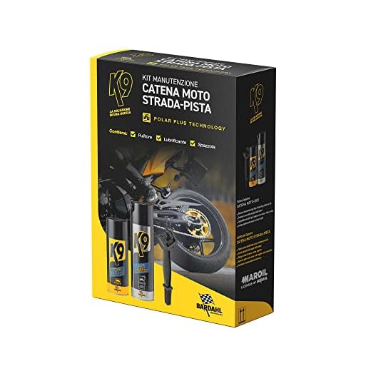 Bardahl - Kit Manutenzione Catene, Kit Speciale per Catena Moto da Strada-Pista, Anti-Usura e Ruggine, Allunga Vita Catena, Corona e Pignone, Resistenza Acqua, Spazzola Pulisci Catena