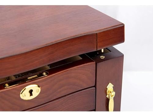 Elegancka drewniana szkatułka na biżuterię z 4 szufladami, zamkiem i lusterkiem – stylowy organizer z twardego drewna dla kobiet, idealna szkatułka na biżuterię i prezenty (kolor D) (E)