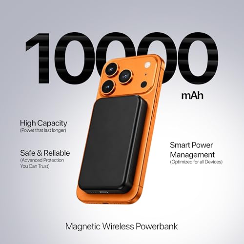Image of Nextech MagSafe Power Bank 10000mAh, 15W Magnetic Wireless Charging, 22.5W PD Fast Charging Type C, Slim Portable Wireless Power Bank for iPhone & Android, LED Indicator, Orange Black