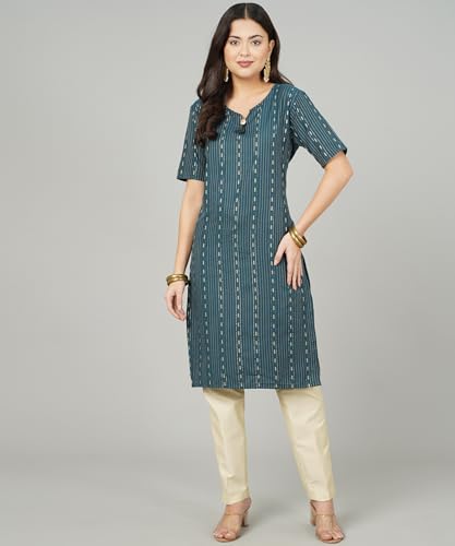 Image of Cotton Dobby Woven Design V- Neck Elbow Sleeves Knee Length Kurta for Women's