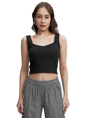 Tokyo Talkies Women's Ribbed Sweetheart Neck Fitted Top | Sleeveless & Sleek Design for A Modern Look | Crop Top | Tops for Woman | Women Tops | Women Crop Top