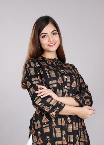 Image of Women Rayon Straight Golden Foil Printed Kurta with Palazzo || Kurti with Palazzo Set for Casual Party & Festival Wear in Round Neck with 3 /4 Sleeve for Girls