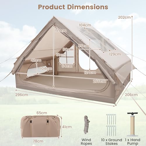 COSTWAY Inflatable Camping Tent, Waterproof 4-Season Blow-up Air Tent with Pump, Mesh Screen Windows and 2 Doors, Easy Setup 4-6 People Windproof Luxury Cabin Tents for Family (296 x 206 x 202 cm) - Image 5