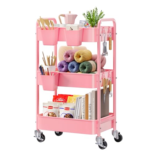 3 Tier Rolling Cart Metal with Lockable Wheels, Pink Three Tiered Diaper Caddy Cart Organizer on Wheels, Storage Utility Trolley Carts for Craft, Art, Nail, Lash, Baby Supplies, Cleaning, Mesh