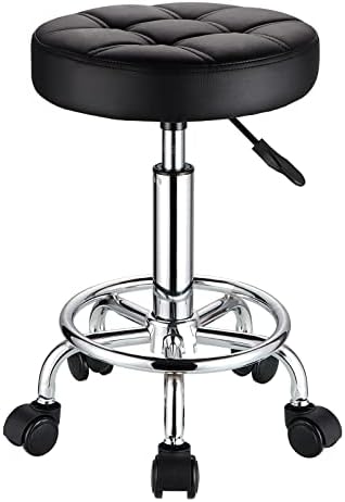 HMTOT Round Rolling Stools PU Leather Seat Height Adjustable Swivel Stool with Wheels Black