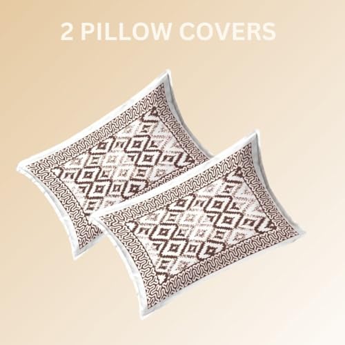 Image of Living Roots Ethnic Jaipur Block Print | Double Cotton Bedsheet & 2 Pillow Covers | for Mattress Upto 6 inches Thick, No Colour Bleeding | Brown, Off White King Size 90 * 108 inches, 144TC (610-B)