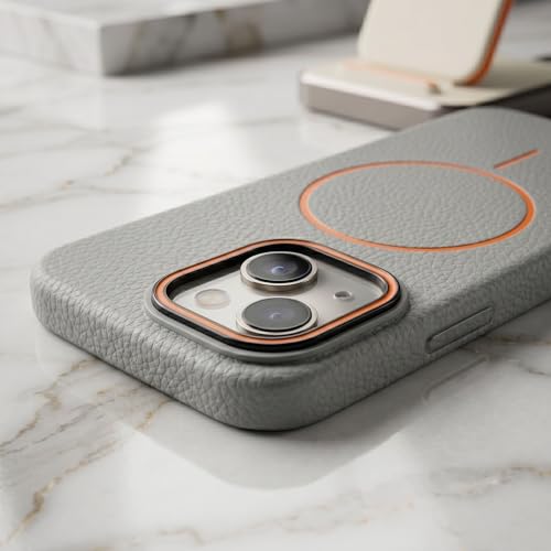 Image of amazon basics Luxury MagSafe Compatible Leather Texture Back Cover for iPhone 13 | Raised Camera Protection | Slim Fit Shockproof Case with Metallic Accents (Gray)