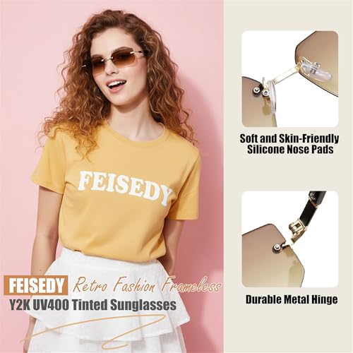 Image of FEISEDY Rimless Sunglasses Y2K Retro Small Narrow Clear Eyewear Vintage Rectangle Sunglasses for Women Men B2643
