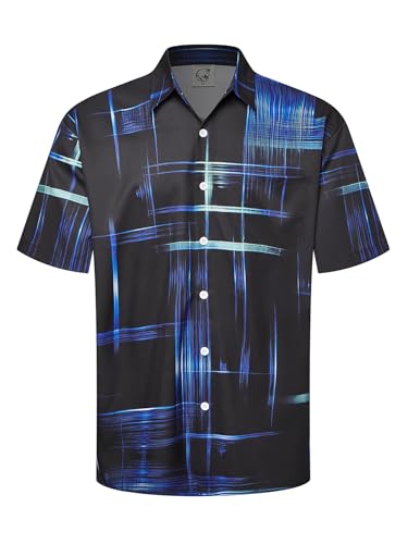 Hardaddy Men's Hawaiian Shirt Short Sleeves Printed Button Down Summer Beach Casual Shirts Black-Blue XXL