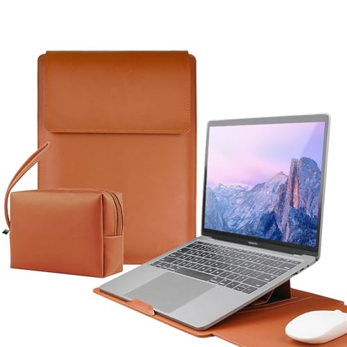 Capa de couro vertical para laptop 13-13,3-14 polegadas compatível com MacBook Air M4 M3 M2 M1 HP Acer Dell Lenovo ASUS Notebook, capa de couro sintético com bolsa de acessórios (marrom, 13-14