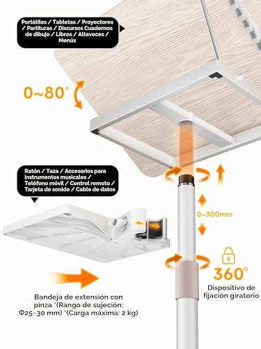 Miniatura 9 de Soporte Ajustable 2 En 1 Para Libros Y Portátiles - Altura Regulable 60-132 Cm, Uso Dual En Suelo Y Mesa, Clip Elásticos Para Partituras, Recetas, Tablets Y Laptops, Diseño Moderno En Blanco