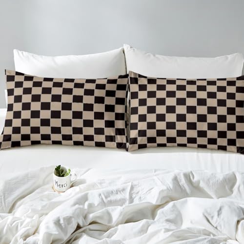 Image of Erosebridal Geometric Plaid Bed Sheets Queen Beige Black Brown Checkerboard Bedding Checkered Grid Sheet Set for Kids Boys Men,Modern Aesthetic 1 Fitted Sheet 1 Flat Sheet 2 Pillow Cases