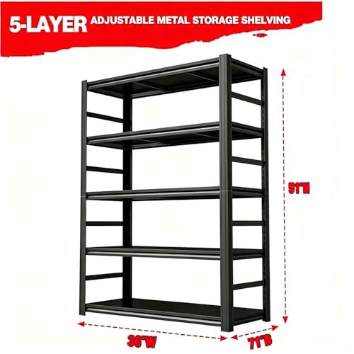 Image of Garage Shelving, 3000 LBS Heavy Duty 5-Tier Adjustable Metal Storage Shelves with Anti-Fall Rails, Industrial Steel Shelving Unit for Garage, Warehouse, Basement, Black, 36 inch W x 16 inch D x 72 inch H