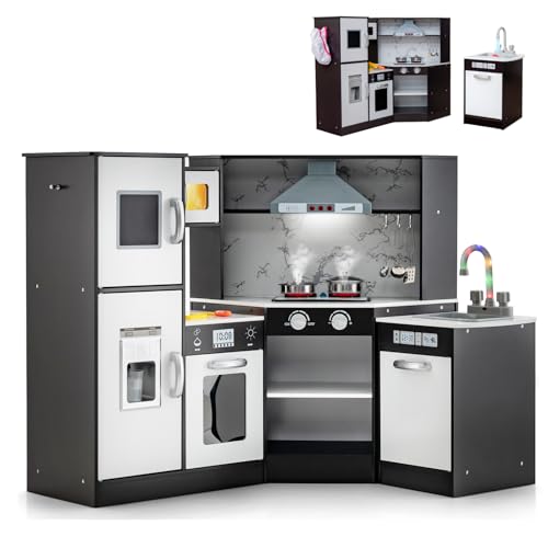 Costzon Corner Kids Kitchen Playset, 2-Piece Wooden Toy Kitchen Set and Washing Basin with Microwave, Ice Maker, Range Hood, Stoves, Pretend Play Kitchen for Toddlers Boys Girls 3+