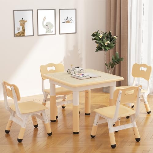 Image of GAOMON Kids Table and 4 Chairs Set with Graffiti Desktop, Height Adjustable Toddler Table and Chairs Set, Non-Slip Legs, 4 in 1 for Reading, Drawing, Playing, Eating