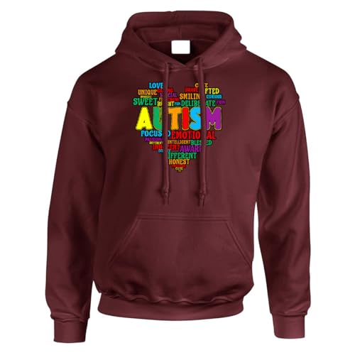 Autism Awareness Heart Mens Kids Hoody Christmas Jumper Inspirational Word Cloud Support Autism Pullover Colorful Gift Maroon - X-Large