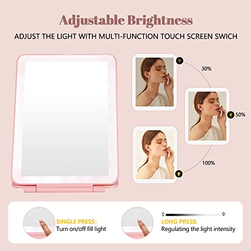 Tanshine Travel Makeup Mirror With Lights, Portable Lighted Vanity Mirror 3 Color Dimmable Lighting, Rechargeable Tabletop Led Folding Cosmetic Mirror With Lights For Travel & Women, Pink #TOP3